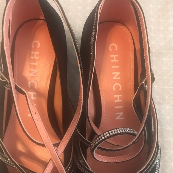 ChinChin Black Velvet Rhinestone Strap Wrapped Heels 37 - Picture 6 of 8